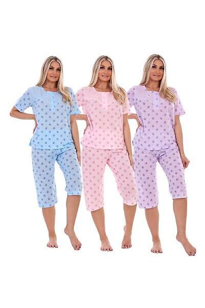 Womens Cotton Pyjama Set Short Sleeve Top & Cropped Pants Blue Comfortable Nightwear M-XXL