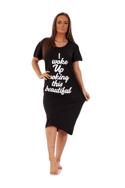 Womens Cotton Nightshirts Printed, Black Woke Up, XL Black Woke Up 
