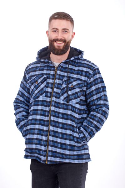 Padded Lumberjack Shirt Jacket Hooded in Blue Black Check, Size M