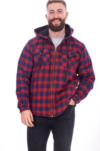 Padded Lumberjack Shirt Jacket Hooded in Red Navy Check, Size M
