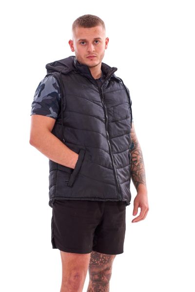 Men Padded Sleeveless Hooded Gilet Vest Jacket in Black, Size S