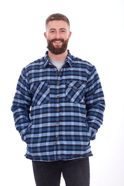 Thick Padded Lumberjack Shirt Jacket in Blue Black Check, Size 5XL