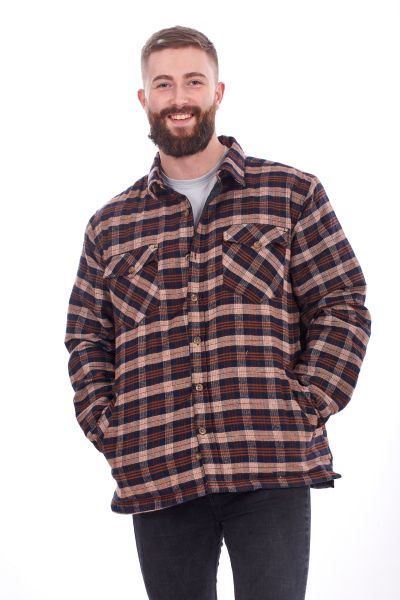 Thick Padded Lumberjack Shirt Jacket in Navy Brown Check, Size 3XL