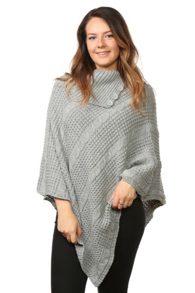 Womens Plus Size Cable Knit Poncho, in Silver  
